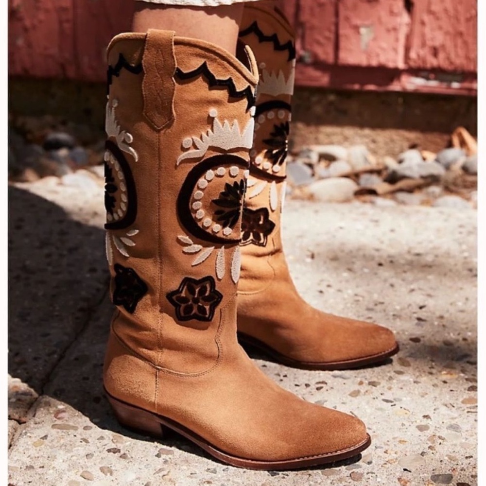 Free People Roundhouse Stitch Suede Embroidered Western Knee High Boots 37EU